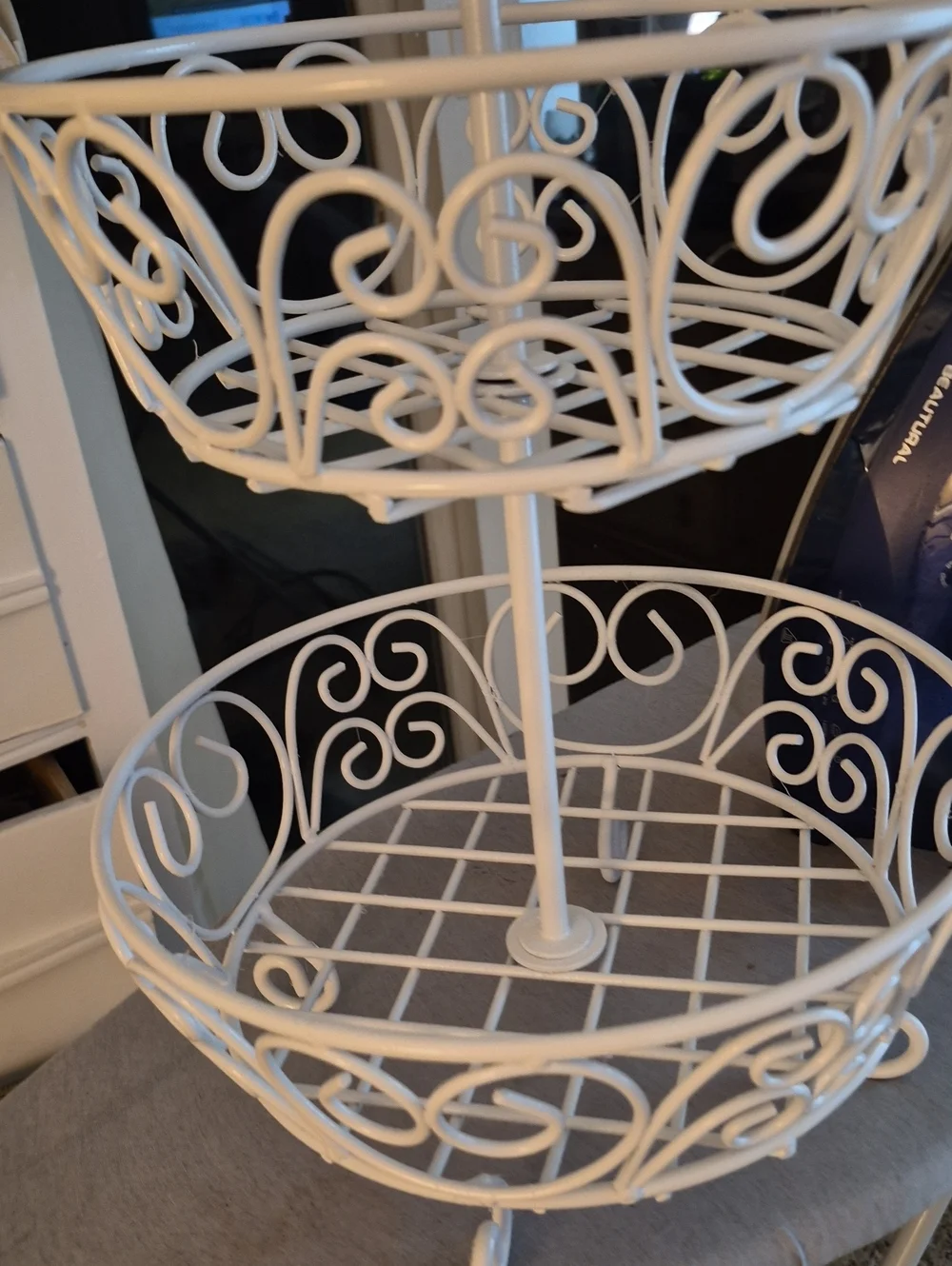 White Metal Scrollwork Princess  2-Tiered Basket Fruit Bowl Holder Decor
